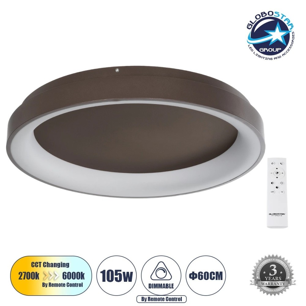 GLOBOSTAR® SALEM 61240 Μοντέρνο Φωτιστικό Οροφής LED 105W 12075lm 120° AC 220-240V IP20 Ρυθμιζόμενο Λευκό CCT με Χειριστήριο από 2700K έως 6000K Dimmable - Lumileds SMD Chip - Καφέ Ματ - Μ60 x Π60 x Υ9.5cm - 3 Χρόνια Εγγύηση